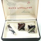 Vintage Hand Engraved Silvertone Cufflinks & Tie Clasp In Box By ANSON 61217