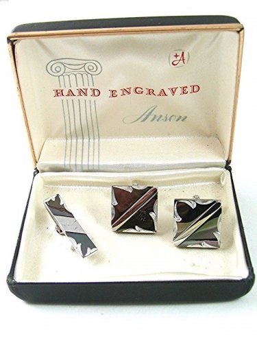 Vintage Hand Engraved Silvertone Cufflinks & Tie Clasp In Box By ANSON 61217