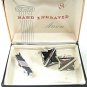 Vintage Hand Engraved Silvertone Cufflinks & Tie Clasp In Box By ANSON 61217