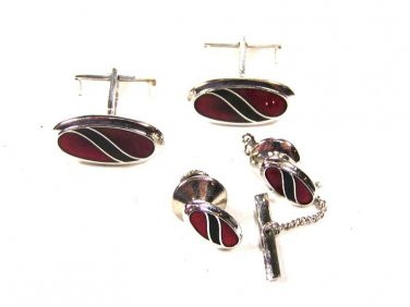 Silver Tone Blue Black Cufflinks & Tie Tacs by Sarah Coventry 11615