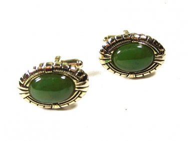 1950's - 1970's Goldtone & Light Green Oval Cufflinks Unbranded 93015