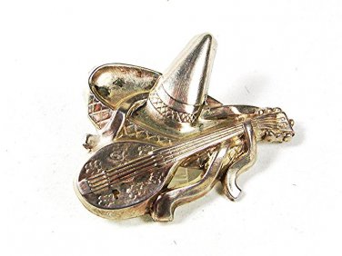 Vintage Sterling Silver Sombero Guitar Brooch By SB 81516