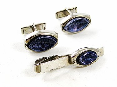 1950's - 60's Silver Tone & Purple Cufflinks & Tie Clasp 92316