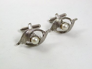 Vintage Silver Tone & Faux Pearl Dress Cufflinks 3917