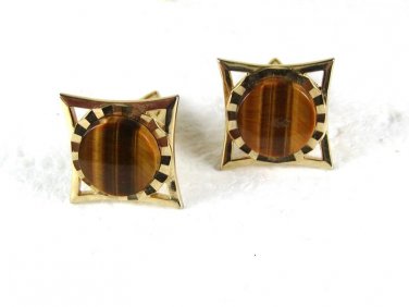 1960's Goldtone Tiger Eye Cufflinks by an S within a 5 sided Shield 3116
