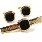 Vintage Gold Tone & Black Cufflinks & Tie Clasp By FLEX LET QUALITY 92816