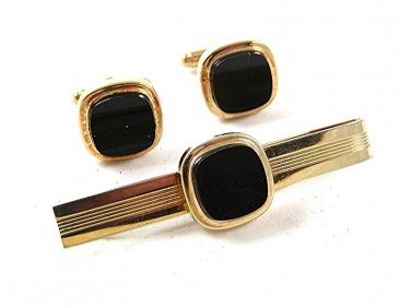 Vintage Gold Tone & Black Cufflinks & Tie Clasp By FLEX LET QUALITY 92816