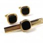 Vintage Gold Tone & Black Cufflinks & Tie Clasp By FLEX LET QUALITY 92816