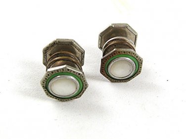 Art Deco Silvertone Green Mother of Pearl Cufflinks By SNAP LINK 4517