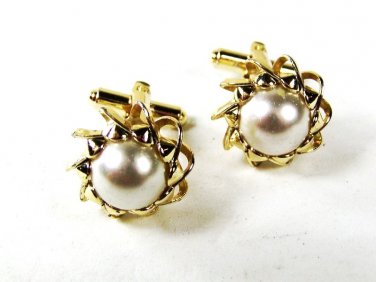 1970's - 80's Gold Tone Faux Pearl Cufflinks 81016