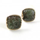 Vintage Silvertone & Green Moss Agate Cufflinks By PIONEER 33117
