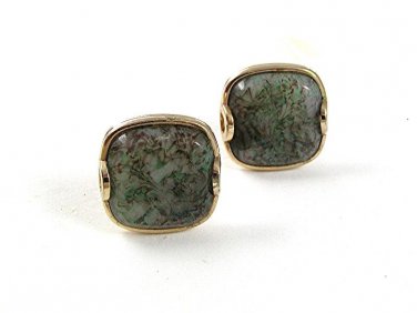 Vintage Silvertone & Green Moss Agate Cufflinks By PIONEER 33117