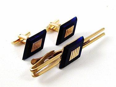 Vintage Gold Tone & Very Dark Blue Cufflnks & Tie Clasp By HICKOK USA 91716