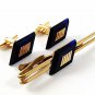 Vintage Gold Tone & Very Dark Blue Cufflnks & Tie Clasp By HICKOK USA 91716