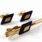 Vintage Gold Tone & Very Dark Blue Cufflnks & Tie Clasp By HICKOK USA 91716