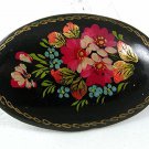 Signed Vintage Russian Group of Flowers Black Lacquered Wood Brooch 6917