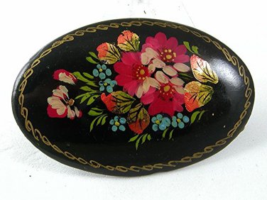 Signed Vintage Russian Group of Flowers Black Lacquered Wood Brooch 6917