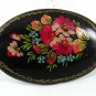 Signed Vintage Russian Group of Flowers Black Lacquered Wood Brooch 6917