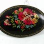 Signed Vintage Russian Group of Flowers Black Lacquered Wood Brooch 6917