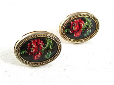 Vintage Goldtone Embroidered Rose Flower Cufflinks 81617