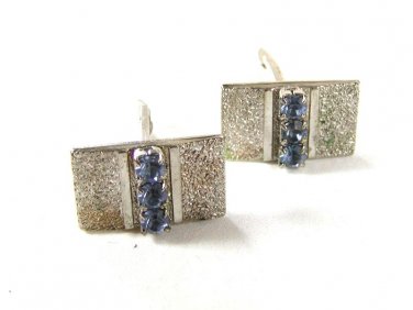 Brushed Silvertone & Blue Rhinestone Cufflinks Unbranded 42116