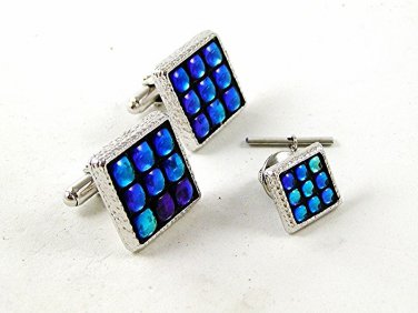 Vintage Silver Tone & Blue Cufflinks & Tie Tac By ANSON 92816
