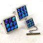 Vintage Silver Tone & Blue Cufflinks & Tie Tac By ANSON 92816