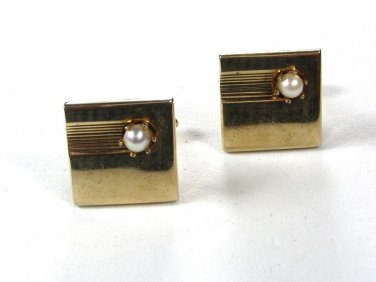 1950's - 70's Gold Tone & Faux Pearl Cufflinks by SWANK 111615
