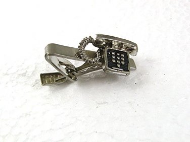 Vintage Silvertone & Black Rotary Phone Tie Clasp 7717