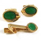 Vintage Goldtone & Green Cufflinks & Matching Tie Clasp 42117