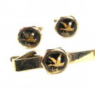 Vintage Silver Tone Black Gold Duck Cufflinks & Tie Clasp Unbranded 51716