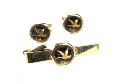 Vintage Silver Tone Black Gold Duck Cufflinks & Tie Clasp Unbranded 51716