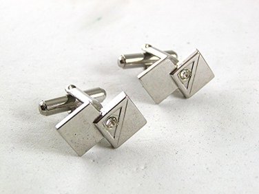 Vintage Small Silvertone 2 Squares & Shiny Stones Cufflinks 81917