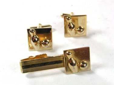 Vintage Gold Tone Bowling Ball & Pin Cufflinks & Tie Clasp By Unbranded 61716