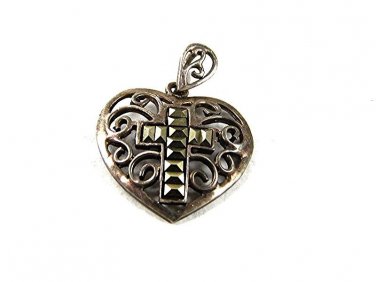 Vintage Sterling Silver Marcasites Heart Cross Pendant 13017