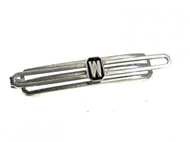 1930's-50's Deco Silvertone & Black Initial / Letter M or W Tie Clasp 6917