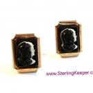 Vintage Gold Tone Black on White 2 Greek / Roman Warriors Cameo Cufflinks