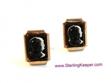 Vintage Gold Tone Black on White 2 Greek / Roman Warriors Cameo Cufflinks