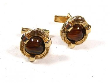 Vintage Goldtone & Brown Cufflinks Unbranded 102215
