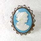 Vintage Silvertone Blue White Plastic Cameo Brooch Unbranded 32616