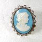 Vintage Silvertone Blue White Plastic Cameo Brooch Unbranded 32616