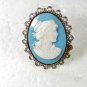 Vintage Silvertone Blue White Plastic Cameo Brooch Unbranded 32616