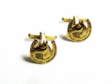 1950s Goldtone Horse Head Horse Shoe  Silvertone Black Cufflinks Unbranded