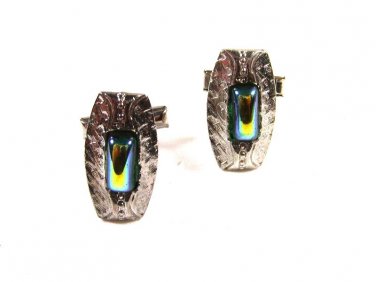 Silver Tone & Art Glass Blue Green Cufflinks Unbranded 12215