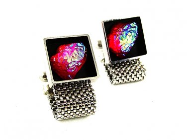 1970's Silvertone & Black & Red Rivoli Wrap Around Cufflinks 51517