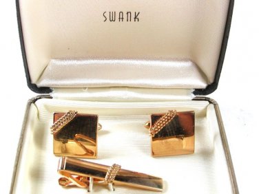 Vintage Goldtone Cufflinks & Tie Clasp By SWANK In Box 31816