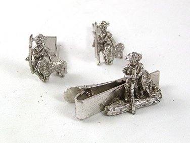Vintage Silvertone Man Dog Cufflinks Tie Clasp By SARAH COVENTRY 53017