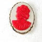 Vintage Silvertone Pink White Plastic Cameo Brooch Unbranded 32616