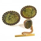 Vintage Goldtone & Green Cufflinks & Tie Tac By DANTE 61217