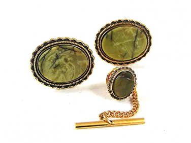 Vintage Goldtone & Green Cufflinks & Tie Tac By DANTE 61217